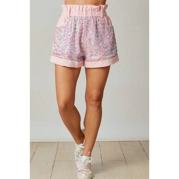 Fantastic Fawn Women’s Large Pink Sequin Color Block Paper Bag Denim Shorts - Picture 2 of 8